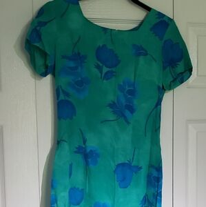 Royal Blue and Shades of Blue Green Flowered Dress